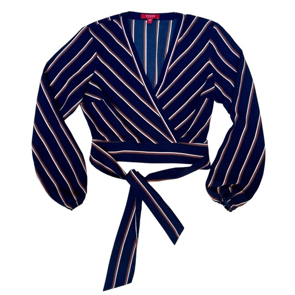 Guess Navy Striped V-Neck Blouse Size S - Long Puff Sleeves, Preppy Corpcore - Picture 2 of 15